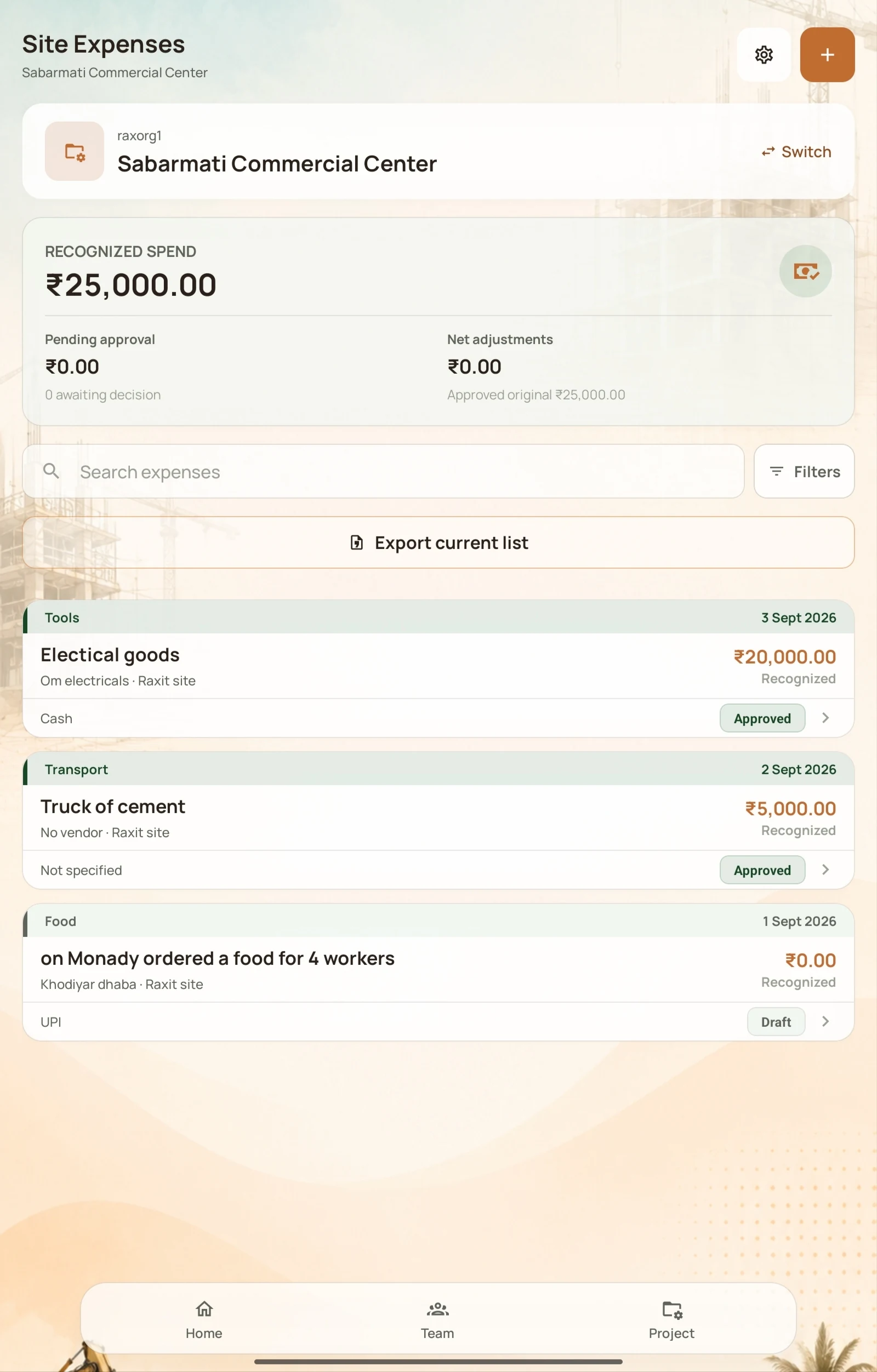Site expenses in the NirmanSite app: recognised spend, pending approval and each expense with its status