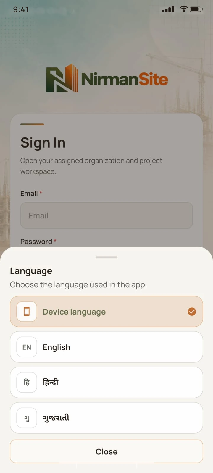 Language setting in the NirmanSite app: device language, English, Hindi and Gujarati