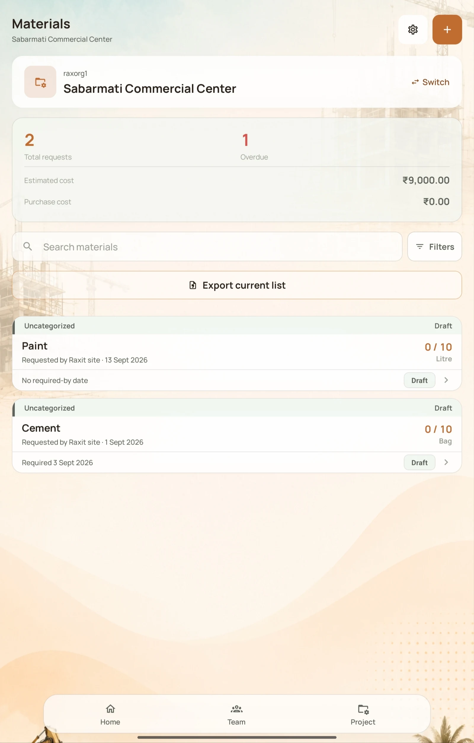Materials in the NirmanSite app: total and overdue requests, estimated cost, and each request with its quantity and required date