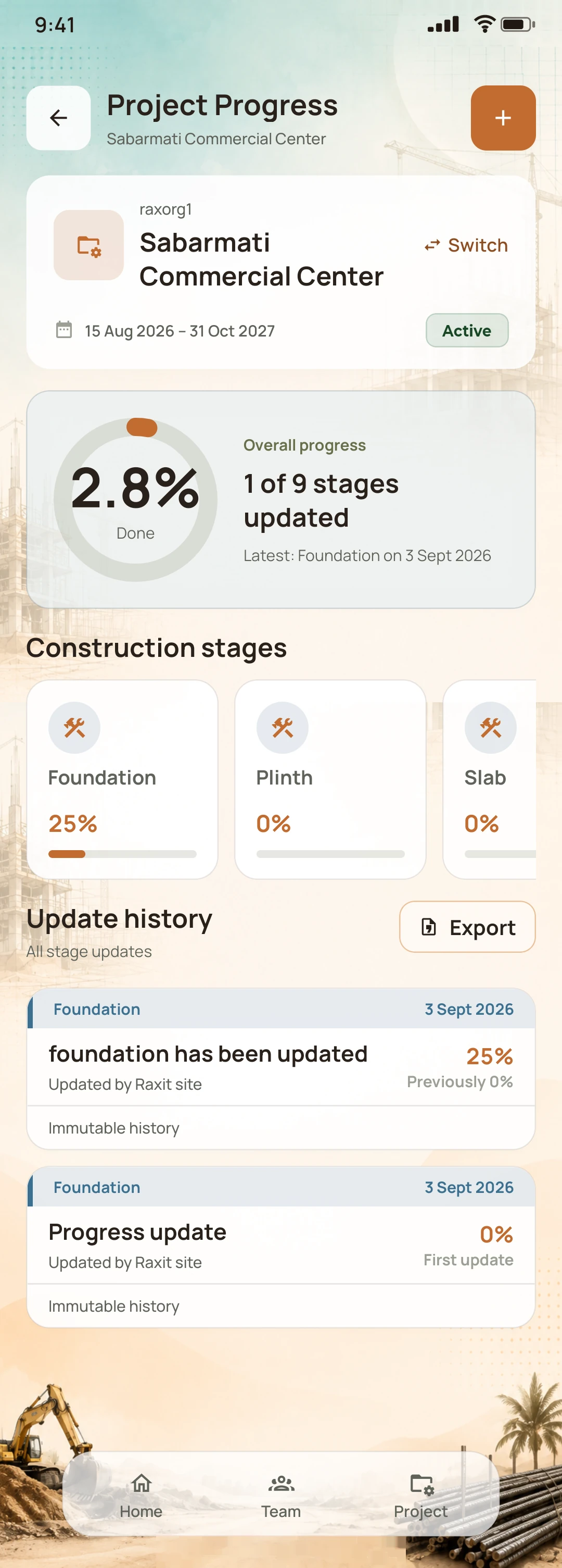 NirmanSite app: construction stages and progress