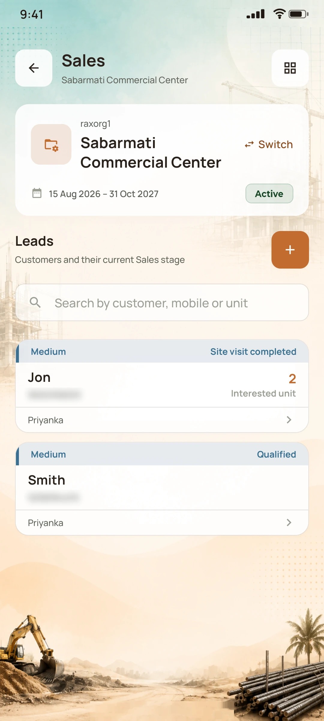 NirmanSite app: sales leads and their stages