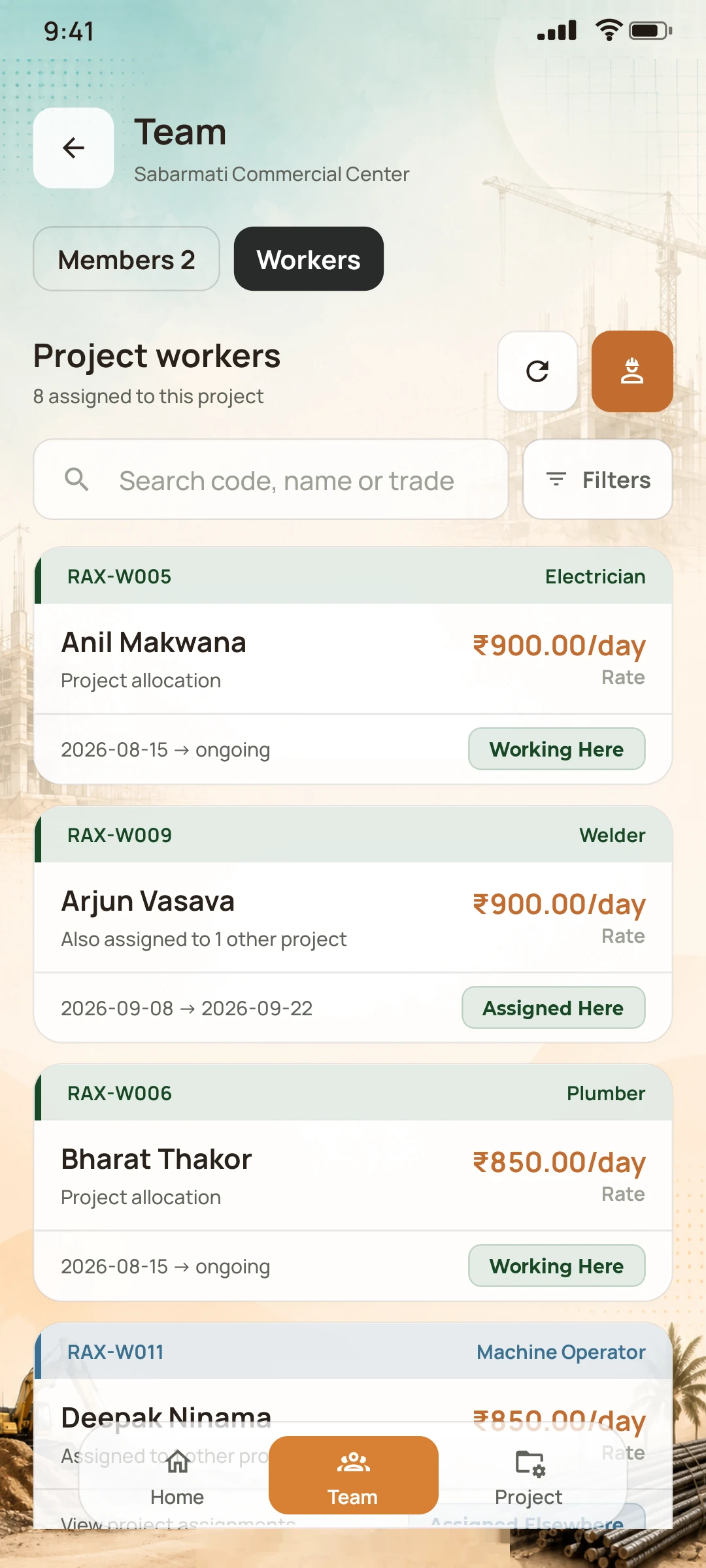 NirmanSite app: project workers with trades and daily rates